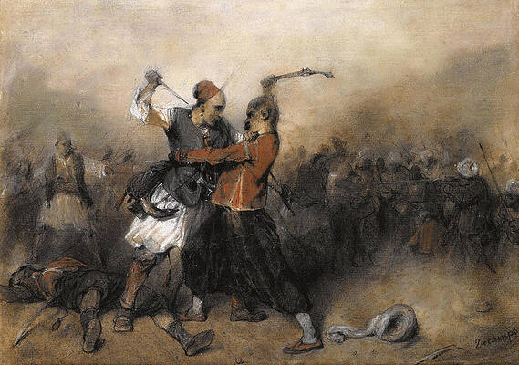 Battle Between a Greek and a Turk Print by Alexandre-Gabriel Decamps