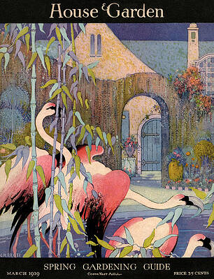 Wall Art - Painting - House and Garden Cover Featuring Flamingos in Front of an Archway by L V Carroll