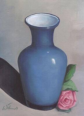 Blue Glass Vase with Pink Rose by Cynthia G Wilson