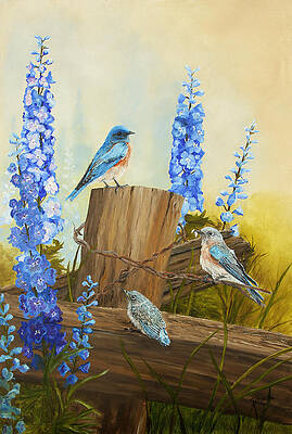Bluebird Family and Delphiniums by Johanna Lerwick Bluebird Family and Delphiniums by Johanna Lerwick