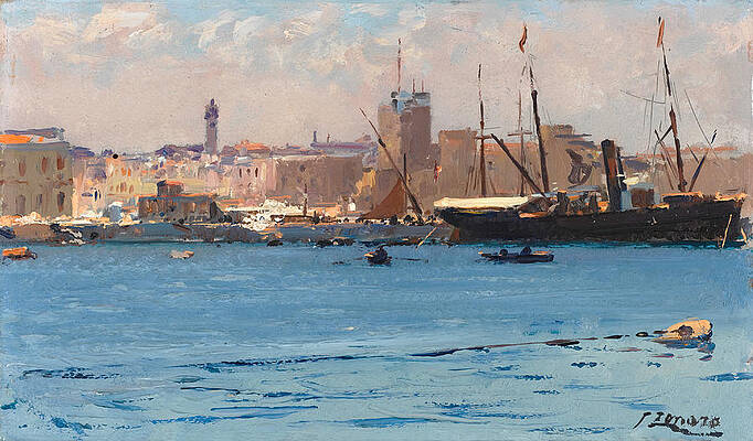Boats in a Port Print by Fausto Zonaro