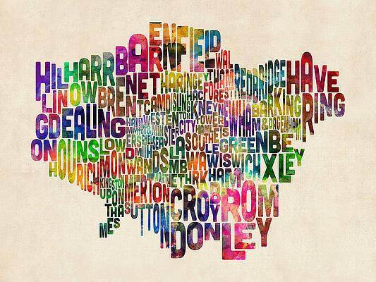 Wall Art - Digital Art - Boroughs of London Typography Text Map by Michael Tompsett