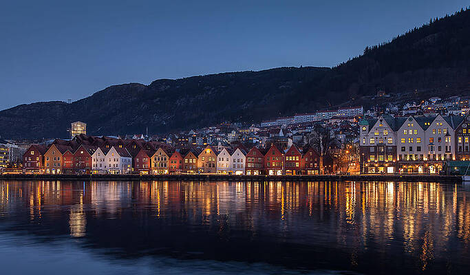 Norway City Night Skyline Framed Panorama Poster Picture Bergen