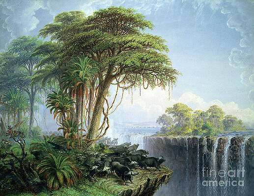 Wall Art - Painting - Buffalos Driven to the Edge of the Chasm opposite Garden Island Victoria Falls by Thomas Baines