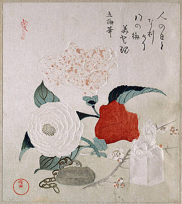 Camellia Flowers a Netsuke and a Seal Print by Kubo Shunman