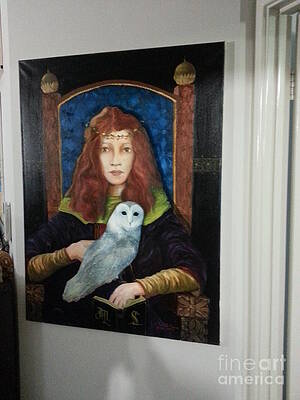 Cassandra with green scarf and owl with book initial MS by Paul Morgan