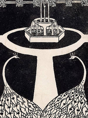 Wall Art - Drawing - Chapter heading depicting two peacocks in a garden with a fountain by Aubrey Beardsley