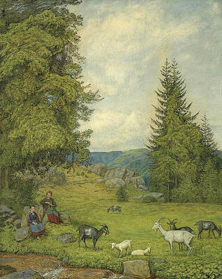Children with goat herd Print by Hans Thoma