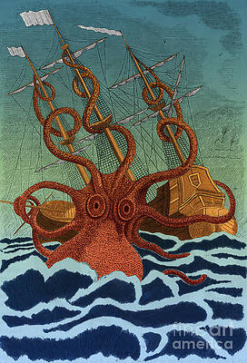 Wall Art - Photograph - Colossal Octopus Attacking Ship 1801 by Science Source