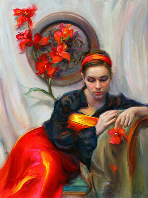 Wall Art - Painting - Common Threads - Divine Feminine in silk red dress by Talya Johnson