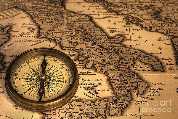 Wall Art - Photograph - Compass and Ancient Map of Italy by Colin and Linda McKie