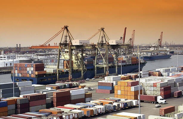 Wall Art - Photograph - Container Ship And Lorries by Science Photo Library