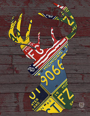 Wall Art - Mixed Media - Deer with Antlers Michigan Recycled License Plate Art by Design Turnpike