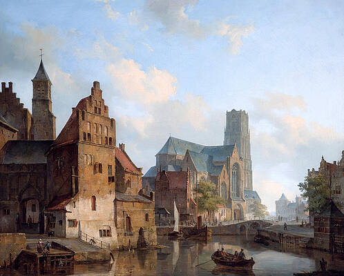Delftse Vaart and the St Laurens church in Rotterdam Print by Cornelis Springer