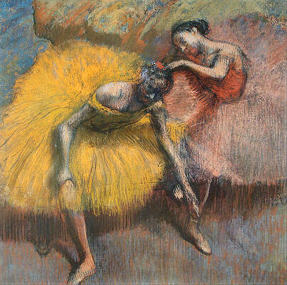 Deux danseuses jaunes et roses Print by Edgar Degas
