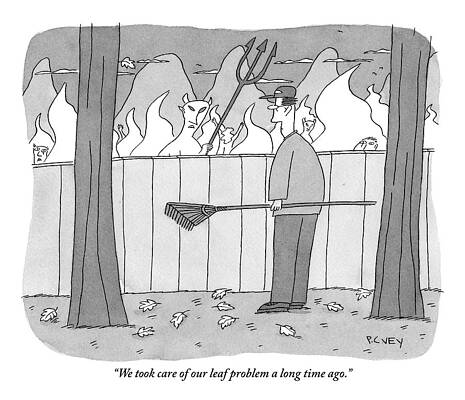 Wall Art - Drawing - Devil And A Man Look At Each Other Over A Fence by Peter C. Vey