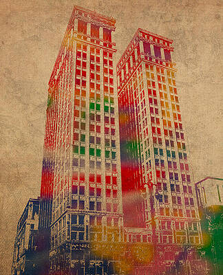 Wall Art - Mixed Media - Dime Building Iconic Buildings of Detroit Watercolor on Worn Canvas Series Number 1 by Design Turnpike