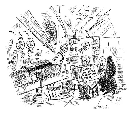 Wall Art - Drawing - Dr. Frankenstein Reading A Pregnancy Book by David Sipress