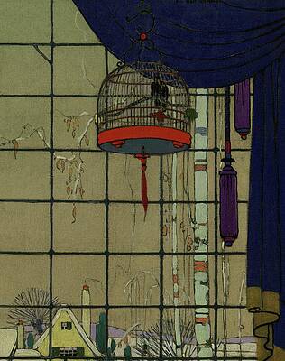 Wall Art - Digital Art - Drawing Of A Bid In A Cage In Front Of A Window by H. George Brandt