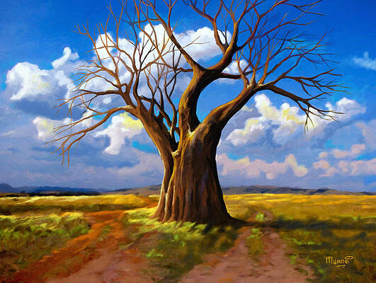 Wall Art - Painting - Dry tree and two Roads by Anthony Mwangi