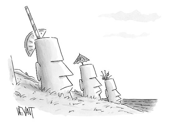 Wall Art - Drawing - Easter Island Statues Have Straws And Umbrellas by Christopher Weyant