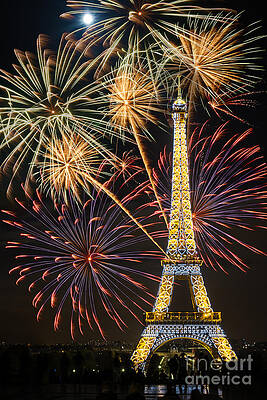 Eiffel Fireworks and a Full Moon by Michael Trahan