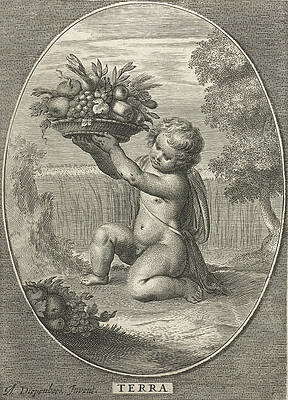 Wall Art - Drawing - Element Earth As A Child With Bowl Of Fruit And Vegetables by Cornelis Van Dalen Ii And Nicolaes Visscher I