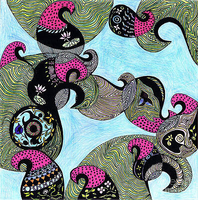Wall Art - Drawing - Elephant lotus and bird design by Mukta Gupta