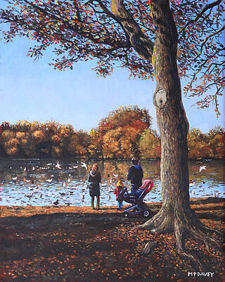 Wall Art - Painting - Feeding the Ducks at Southampton Common by Martin Davey