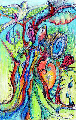 Wall Art - Drawing - Fish Feather In Teapot Tree Guarded By Human Bird by Genevieve Esson