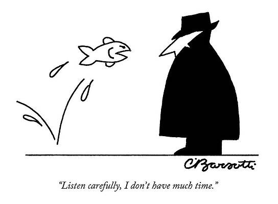 Wall Art - Drawing - Fish Informant Jumps Toward Man In Trench Coat by Charles Barsotti