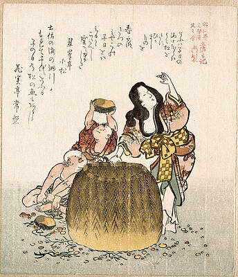 Fisherwoman with a Basket and Two Boys Print by Kubo Shunman