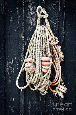 Wall Art - Photograph - Fishing net hanging on a black wooden wall by Delphimages Photo Creations