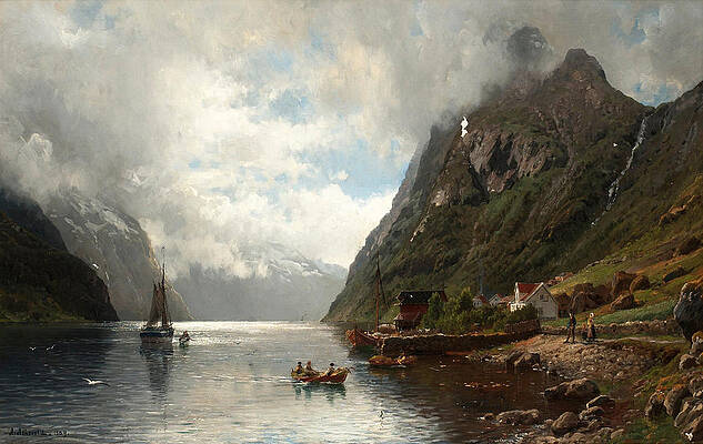 Fjord Landscape with Figures Print by Anders Askevold