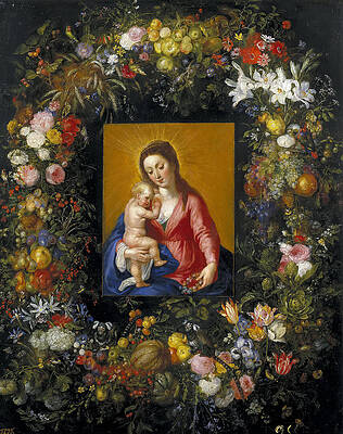 Flower Garland Around the Virgin and Child Print by Jan Brueghel the Elder