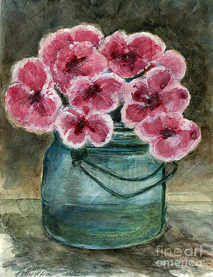 Wall Art - Painting - Flowers.  Pretty in Pink and Blue Ball Jar by Cathy Peterson