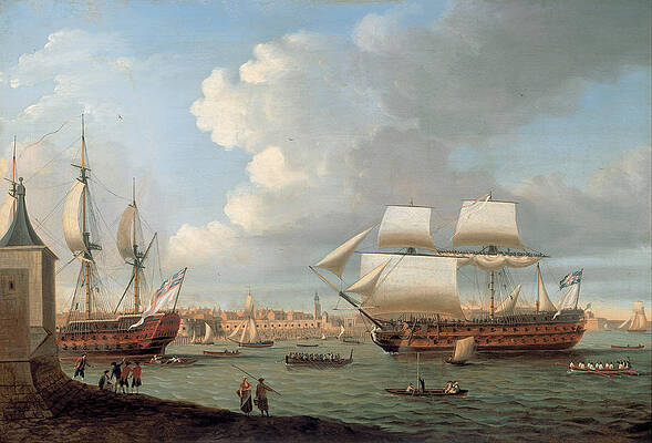 Foudroyant and Pegase entering Portsmouth Harbour Print by Dominic Serres