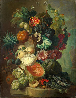 Fruit Flowers and a Fish Print by Jan van Os
