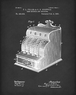 Wall Art - Drawing - Fuller And Griswold Cash Register 1890 Patent Art Black by Prior Art Design