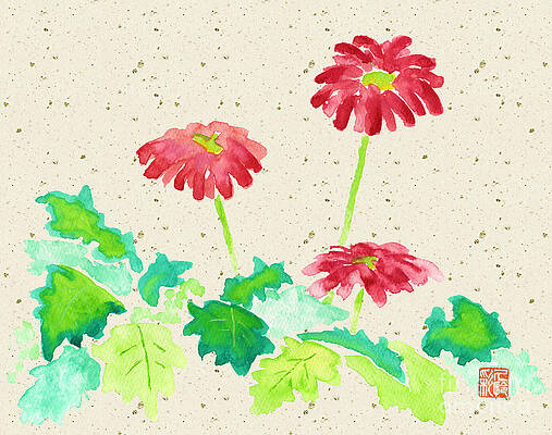 Wall Art - Painting - Gerbera in Red with Beige Washi Background by Beverly Claire Kaiya