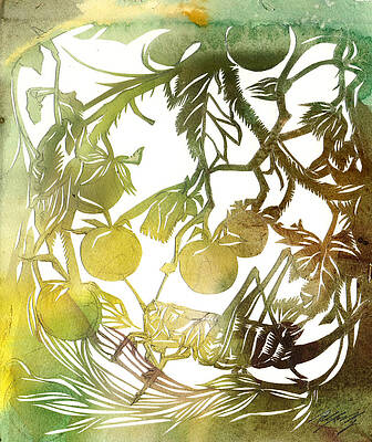 Wall Art - Painting - Grasshopper with cherry tomatoes  by Alfred Ng