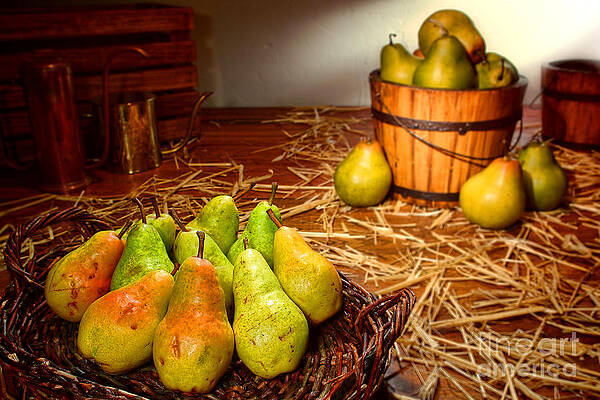 Wall Art - Photograph - Green Pears in Rustic Basket by Olivier Le Queinec