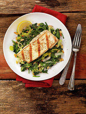 Wall Art - Photograph - Grilled Halibut With Spinach, Leeks And by Lauripatterson