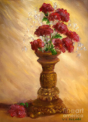 Wall Art - Painting - Hand Painted Still Life Red Flowers Gold Vase by Lenora  De Lude