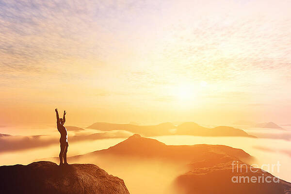 Wall Art - Photograph - Happy man with hands up on the top of the world above clouds by Michal Bednarek