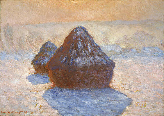 Haystacks. Snow Effect Print by Claude Monet