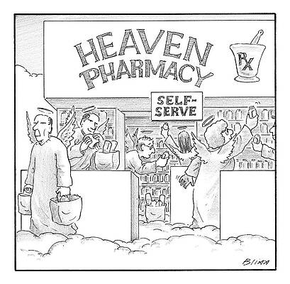 Heaven Pharmacy Features Angels Loading Print by Harry Bliss