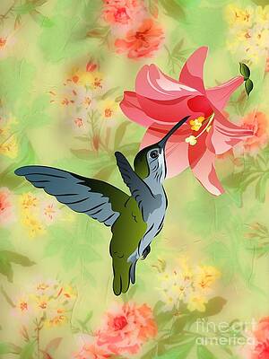 Hummingbird with Pink Lily Against Floral Fabric by MM Anderson Hummingbird with Pink Lily Against Floral Fabric by MM Anderson