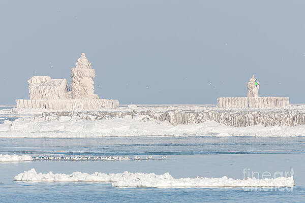 Wall Art featuring the photograph Ice Covered Cleveland Harbor Lighthouses by Clarence Holmes