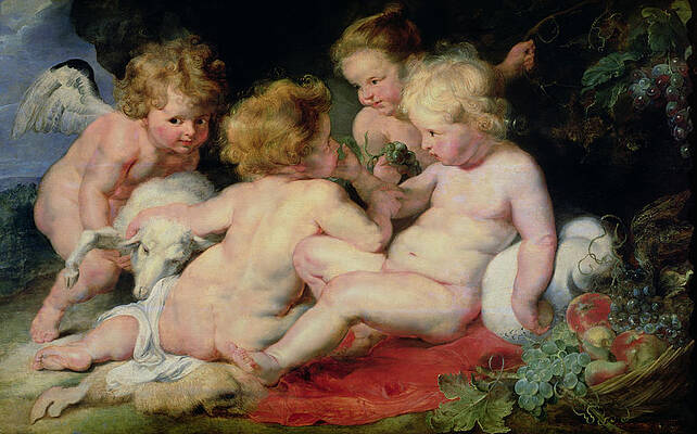 Wall Art - Painting - Infant Christ With John The Baptist And Two Angels by Peter Paul Rubens